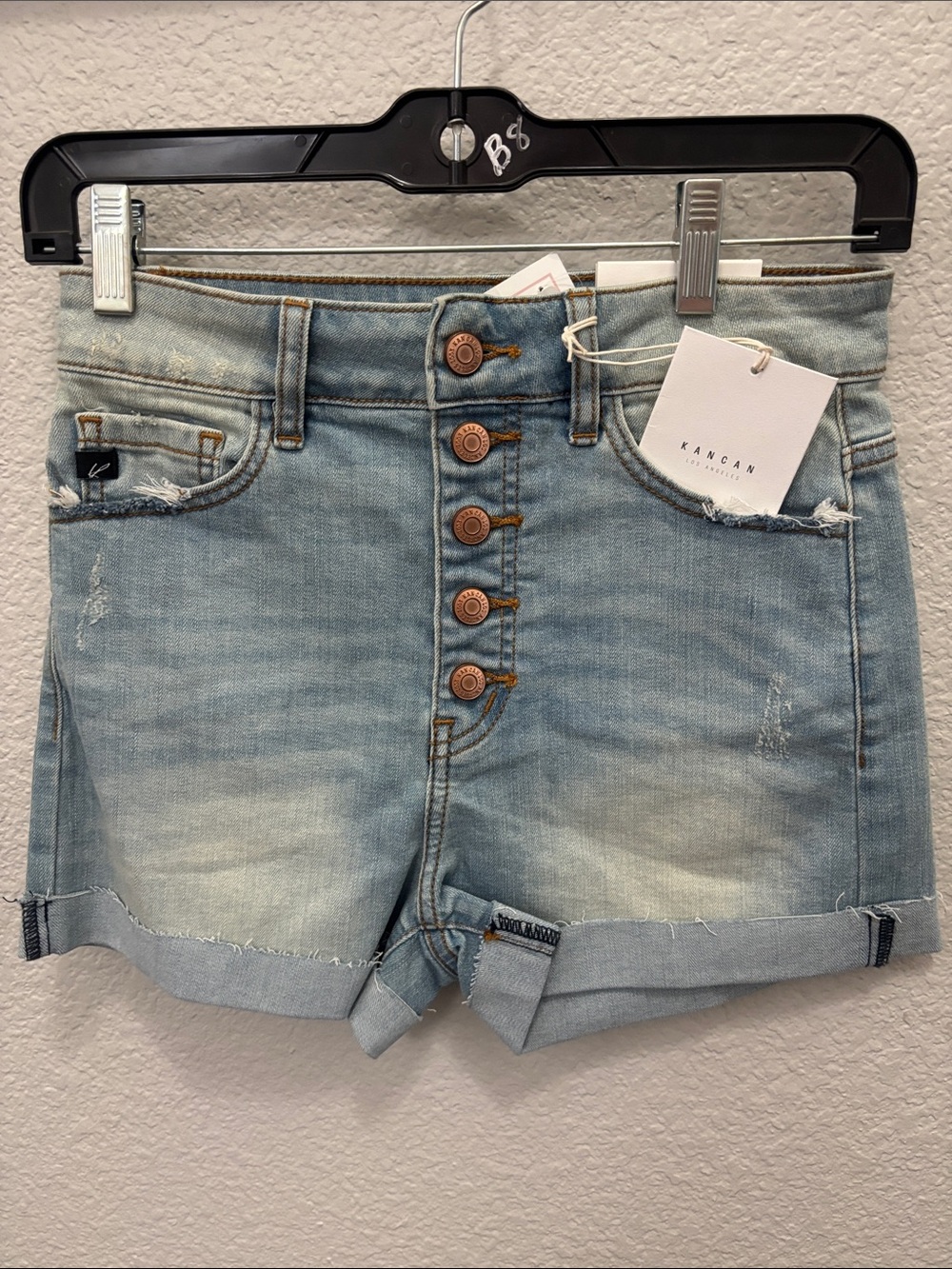 KanCan Light Blue High-Rise Button Fly Rolled Hem Denim Shorts